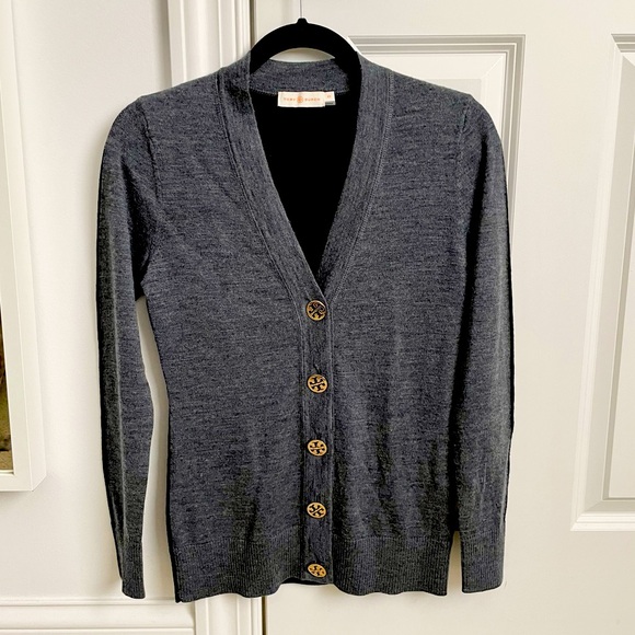 Tory Burch Light Knit Wool Cardigan Gray and Black - Picture 1 of 8